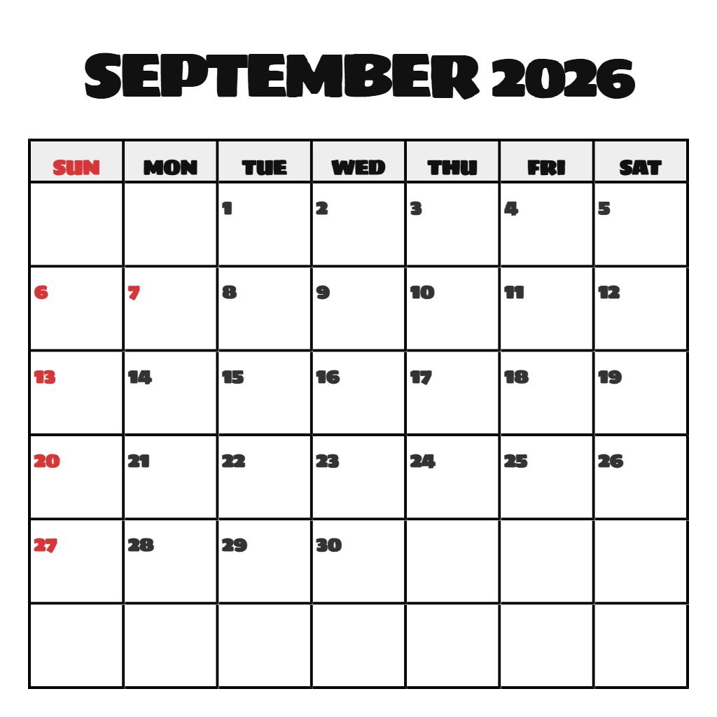 Cute September Calendar 2026 Printable Free Wallpaper PDF Download